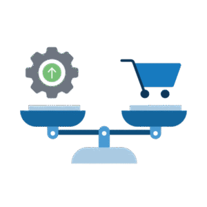 An illustration of a scale with a gear on one platform and a shopping cart on the other.