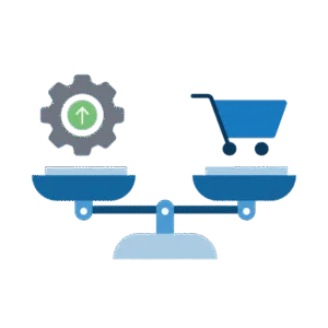 An illustration of a scale with a gear on one platform and a shopping cart on the other.