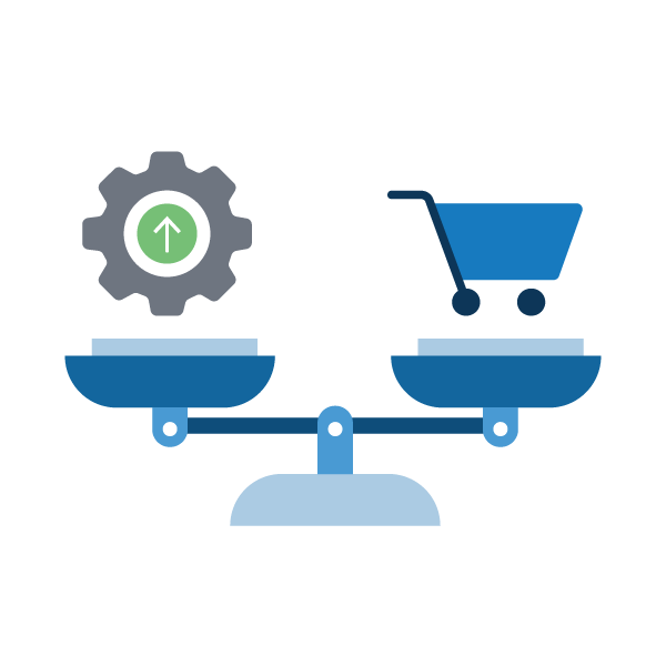 An illustration of a scale with a gear on one platform and a shopping cart on the other.