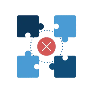 An illustration of four puzzle pieces positioned around a red circle with an X in the middle.]