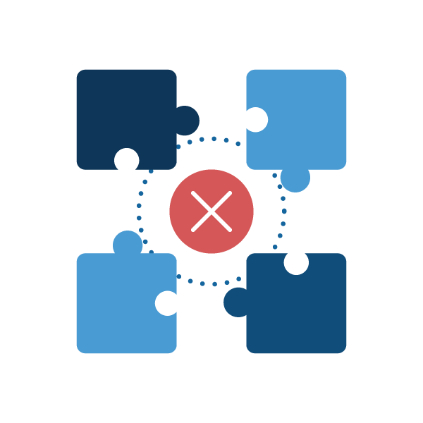 An illustration of four puzzle pieces positioned around a red circle with an X in the middle.]