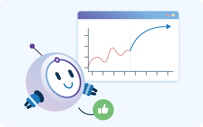 An illustration of an anthropomorphized character of an AI agent announcing sales/profit increases.