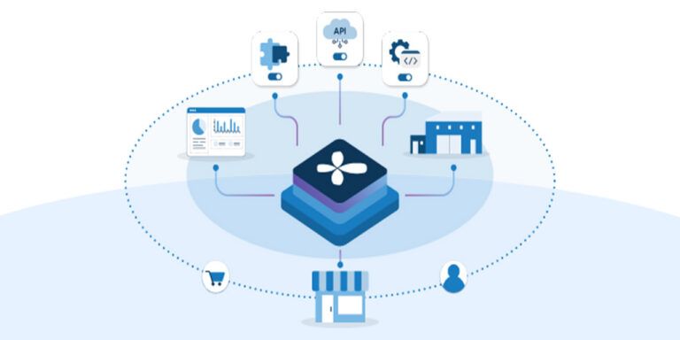 An illustration of a chart, puzzle pieces, a cloud with the letters “API” inside, a gear, two buildings, a shopping cart, and a person all surrounding the RELEX logo.