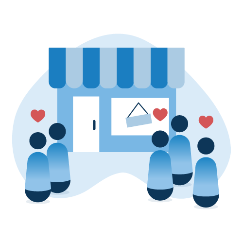 An illustration of a retail store with happy customers standing in front of it.