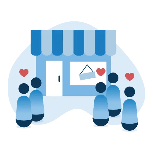 An illustration of a retail store with happy customers standing in front of it.