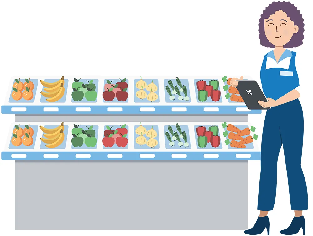 An illustration of a store employee holding a tablet, standing in front of a produce display.
