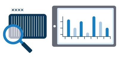 A magnifying glass over a barcode beside a tablet showing a bar chart.
